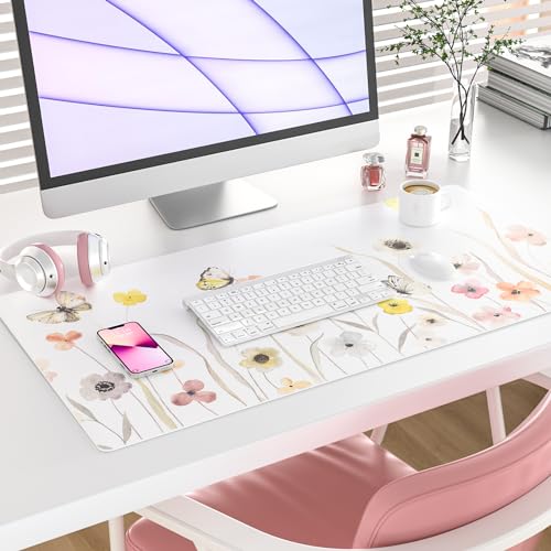 Colorful Star Large Mouse Pad, Watercolor Floral Desk Mat Office Supplies, Waterproof PU Leather Gaming Mousepad for Women Girls, Butterflies Desk Pad Home Office Décor Accessories 31.5" x 15.7" - color: Floral Butterflies, size: 31.5L x 15.7W inches