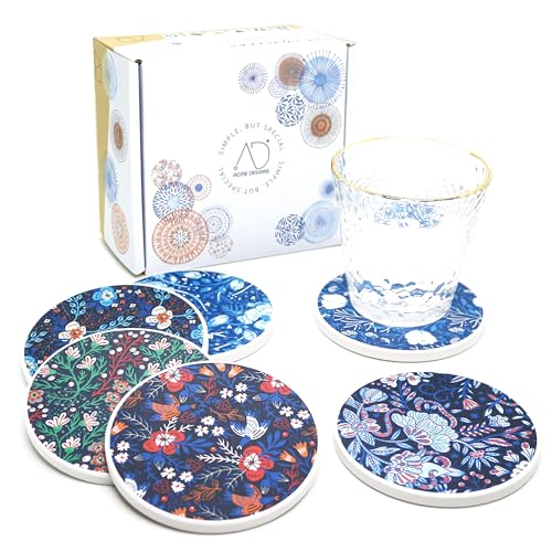 AD Set of 6 Coasters for Drinks Absorbing Round Ceramic Stone Coaster with Cork Base,Tabletop Protection Mat for Mugs and Cups,Office,Kitchen (Dark Garden with Holder) - style: Dark Garden with Holder