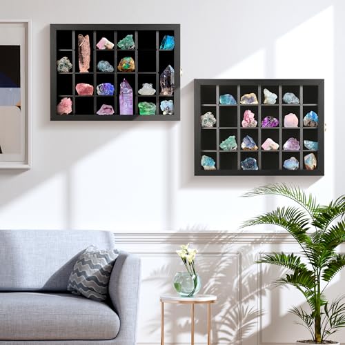 Adjustable Rock Display Case Wall Mounted, Crystal Collection Box with Shelves, Wooden Rock Collection Box for Kid and Collectibles