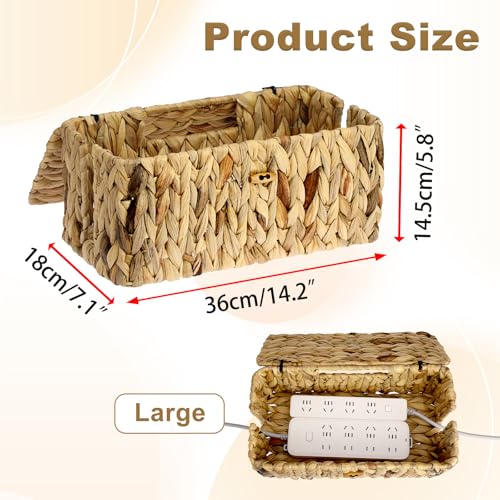 BTSKY Woven Cable Management Box with Lid, Water Hyacinth Cord Organizer for Desk, Cable Organizer Box with 2-Open Slots to Hide Power Strips USB Hubs for Home & Office, Pet Proofing Cord Basket, L - size: L