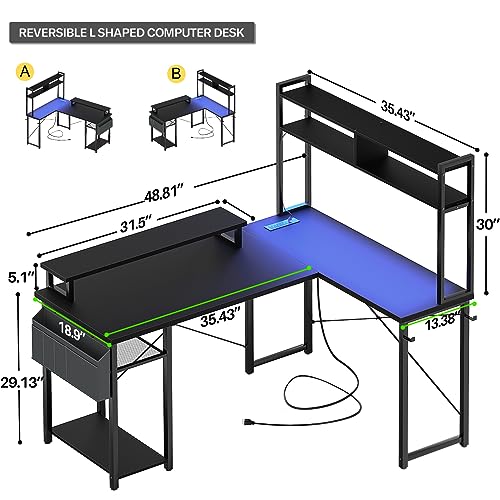 Aheaplus Small L Shaped Gaming Desk with LED Lights & Power Outlets, Reversible L-Shaped Computer Desk with Monitor Stand & Storage Shelf, Corner Desks Home Office Desk with Storage Bag, Black - color: Black