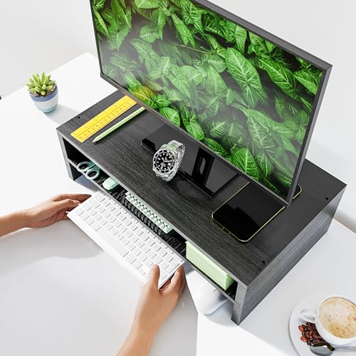 Simpple Trending Monitor Stand Riser, 2 Tier Wood Office Desk Storage Organizer for Laptop, Computer, Black - size: 16"W x 9"D x 5.5"H