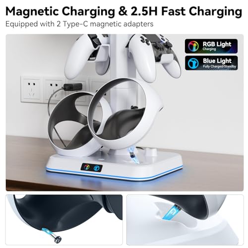 Kosker PSVR2 Magnetic Charging Dock & Headset Stand, for Meta Quest 2/3/3S | Fast 2.5H Charging, 9 RGB Lighting Modes, Overcharge Protection, Storage Holder for VR2 Headset & Sense Controllers - color: updated white