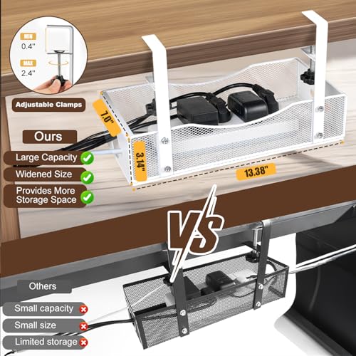 Extra Wide Under Desk Cable Management - 7inch No Drill Installation Cable Management Tray, Clamp/Screw Mount Desk Cable Management, Cable Management Tray for Office, Home((White, XL) - color: White