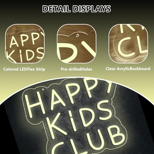 Happy Kids Club Neon Sign for Kids Room, Dimmable LED Neon Light Up Sign for Wall Decor, USB Powered, Cute Club Themed LED Neon Sign Gift for Boys Girls Party Decoration - color: L-HAPPY