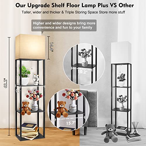 RUNTOP Plus Floor Lamp with Shelves, Shelf Lamp with 15W LED Bulb, 3 Colors, Memory Function, Wide Display Shelf for Collectibles Storge, Floor Lamps for Living Room, Standing Lamp for Bedroom - color: Plus- Black