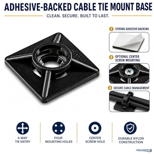 Kable Kontrol Zip Tie Mounts, 3/4” Sq, Black, 100 Pcs, Adhesive Backed Multi-Purpose UV-Resistant Mounting Squares Nylon Cable Tie Wrap Anchor Pads for Cable Management - color: Black, size: 3/4" Inch Square - 100 Pcs
