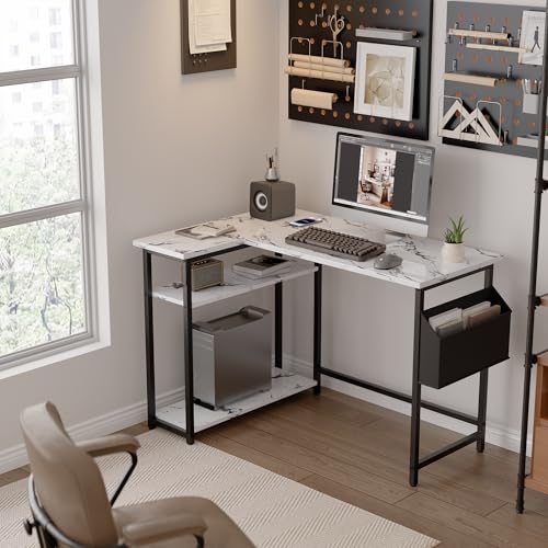 Pamray 40 Inch L Shaped Computer Desk with Reversible Side Storage Shelves, Small Corner Desk for Small Space Home Office, Writing Study Table PC Desk for Bedroom, Marble - color: Marble, size: 40 Inch
