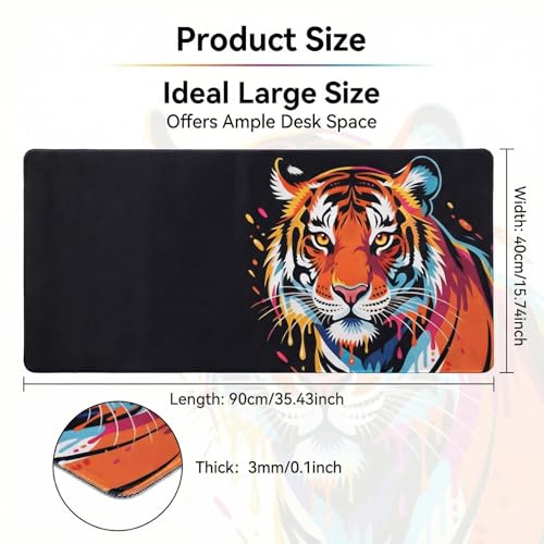 Jeffbaubl Tiger Gaming Mouse Pad, 35.4 x 15.7 Inch Large Extended Desk Mat, Gaming Mousepad, Keyboard Pad Stitched Edges Non-Slip Rubber Base, Waterproof Desk Mat for Office Computer Home Work