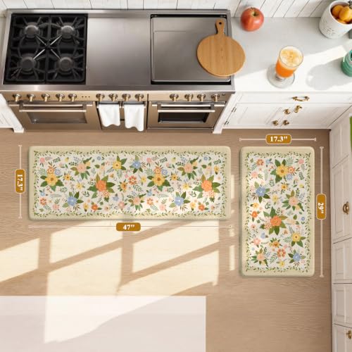 KIMODE Kitchen Mats for Floor Anti Fatigue, Beige Boho Kitchen Rugs Non Slip, Padded Kitchen Floor Mats, Memory Foam Kitchen Mats Cushioned, Standing Desk Mat for Laundry Office Sink 17"x47"+17"x29" - color: Flower/Beige, size: 17.3" x 47"+17.3" x 29"--0.