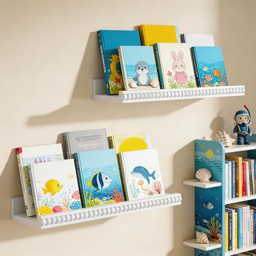 Alsonerbay White Floating Shelves Wall Mounted Set of 2, 15.7 Inch Modern White Shelves with Lip, Wood Wall Shelves with Wooden Beads for Bathroom Bedroom Living Room Nursery and More