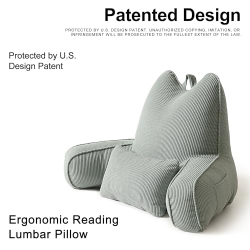 Patented Design Cat Ear Inspired Corduroy Reading Pillow with Arms, Aesthetic Bed Rest Pillow for Sitting in Bed, Detachable Lumbar Support, Ergonomic Backrest Cushion, Grey Green - color: Grey Green