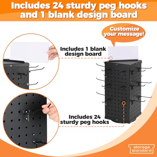 Rotating Pegboard Display Stand With 24 Hooks - Metal Spinning Peg Board Displays, Stands for Retail, Vendors, Selling & Shows - 4-Sided Craft Rack Organizer for Products, Accessories, Jewelry