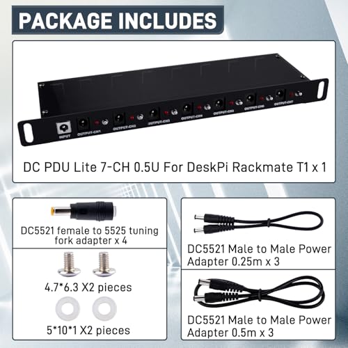 GeeekPi 10 inch Rack PDU, DC PDU Lite 7-CH 0.5U Rack-Mount Power Distribution Unit for DeskPi Rackmate T1/T0/T2/T0 Plus/T1 Plus/TL1/10 Inch Server Cabinet, 7 Outlets, w/3PCS 25cm DC5521 Cables