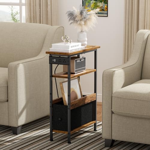 Creso hom Narrow Side Table with Charging Station and LED Light, End Table with 1 Fabric Drawer, Skinny Nightstand with USB Ports & Type-C, Slim Bedside Table for Bedroom, Living Room, Rustic Brown - color: Rustic Brown, size: 7"D x 18.7"W x 24.8"H