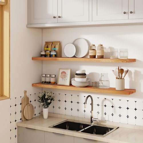 Flat Edge Elm Wood Floating Shelf with Invisible Bracket 55”Natural - color: Natural, size: 55”,set of 1