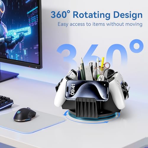 KDD Controller Organizer for Desktop - 360°Rotatable Controller Holder with Storage Box - Universal Stand for 4 Controllers, Desk Organizer for Switch Remote Control Pen Gamer Accessories