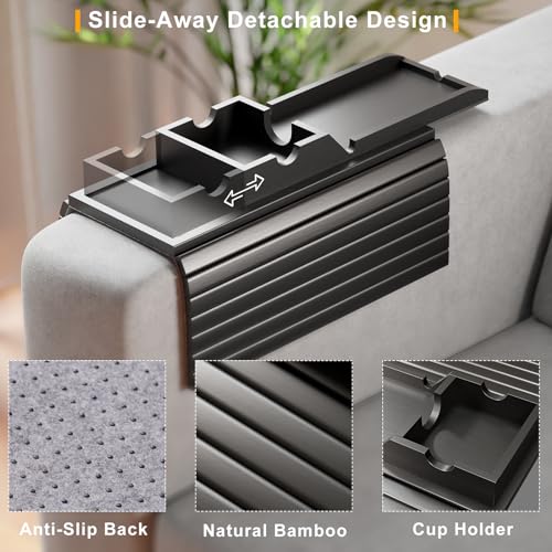 Bestjing Bamboo Couch Armrest Table, Sofa Arm Tray with Detachable Couch Cup Holder- 2 in 1 Anti-Slip Foldable Sofa Armchair Caddy Table for Drinks Cellphone TV Remote Snacks (Black) - color: Black, size: 16.3" x 13.3" x 2"