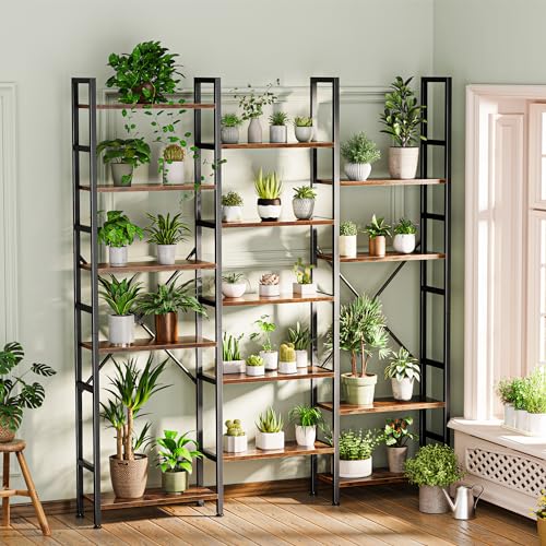 SUPERJARE Triple Bookshelf, Bookcase with 17 Open Display Shelves, Wide Book Shelf Book Case for Home & Office, 6 Tier, Brown, ABC003Z - color: Rustic Brown, size: 6 Tier