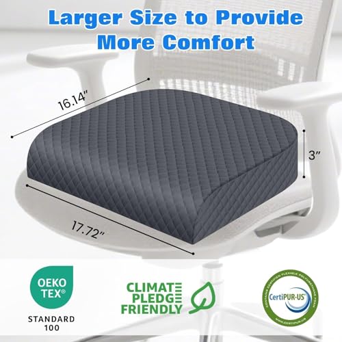Seat Cushion for Office Chair, Memory Foam Chair Cushions, Car Seat Cushion for Long Sitting, Desk Chair Cushion for Pressure Relief, Non-Slip Bottom, Washable Cover, Large, Grey - color: Grey, size: Large
