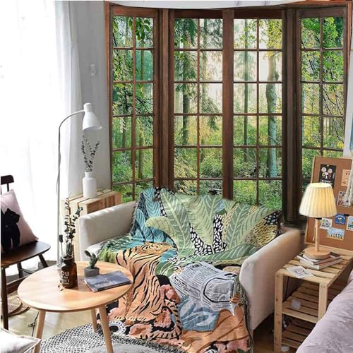 Aidatain Green Forest Natural Tapestry Window Scenery Wall Aesthetic Tapestry for Bedroom Flannel 90" L x 84" W Beach Blanket Living Dinning Room College Dorm Wall Hanging GTDJAT0092 - size: 90"L x 84"W