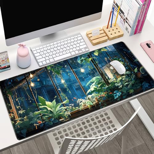 Plant Desk Mat Green Big Mouse Pad Large Gaming Mousepad Extended Keyboard Pad City View Aesthetic Desk Pad XXL Mouse Mat 31.5''X15.7'' Office Decor Cute Desk Accessories for Women - color: A Green Plant
