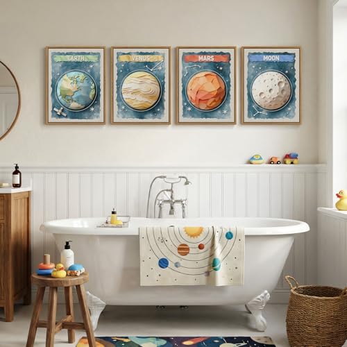 Framed Space Wall Art for Kids Room Decor, Space Themed Canvas Prints for Bedroom Decor, Solar System Astronomy Planet Moon Earth Pictures for Boys Girls Nursery Playroom Bathroom Wall Decor, 11x14 In - color: Blue, size: 11"W x 14"H x 4Pcs