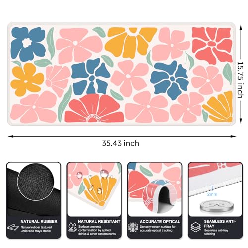 iCasso XXL Large Mouse Mat, Anti-slip Big Mousepad with Stitched Edges, Keyboard Pad Mat for Computer, Work, Gaming (Colorful Flower) - color: Colorful Flower