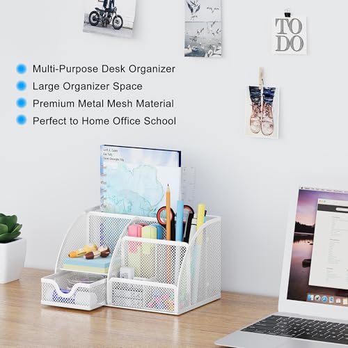 EasyPAG Mesh Desk Organizer with Drawer Multi-functional Pen Holder Stationery Organizer for Office School Supplies 6 Compartments Dorm Organizers and Storage for Desk, White - color: White