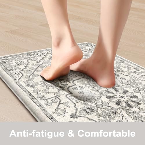 KIMODE Anti Fatigue Kitchen Mats, 2 PCS Cushioned Kitchen Rugs and Mats, Boho Kitchen Floor Mats Non Slip, Comfort Foam Standing Mat for Laundry, Office, Sink, Grey 17.3" x 59"+17.3" x 29" - color: Light Grey/Multi, size: 17.3" x 59"+17.3" x 29"--0.47 inc
