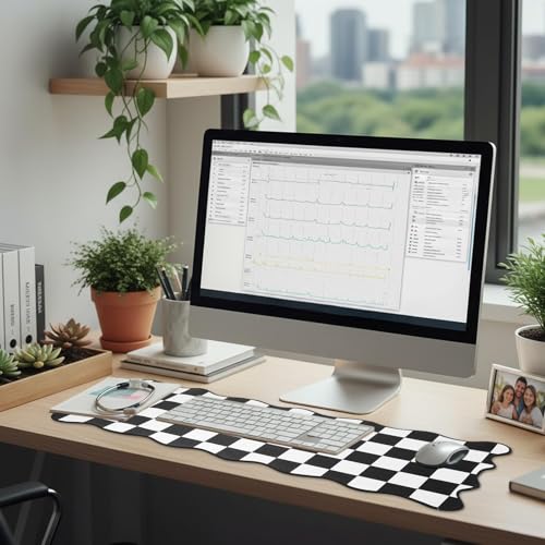 Copkim 1 Pcs Black Scalloped Checkered Desk Mat 31.5 x 11.8 Inch Large Cute Mouse Pad Computer Mat Non Slip Waterproof Rubber Base with Border Stitching Soft Keyboard Pad for Home Office Gaming Makeup - color: Black, style: Checkered