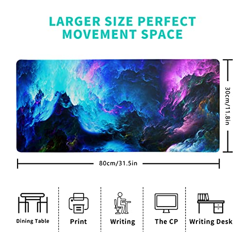 Dazzling Galaxy Gaming Mouse Pad 31.5x11.8 Inch Blue Purple Galaxy Nebula Universe Space Large Mousepad Non-Slip Rubber Base Stitched Edges Keyboard Mouse Mat Desk Pad for Office Home and Game - color: Galaxy