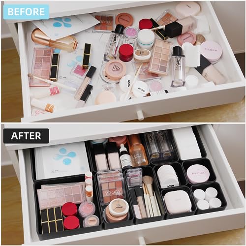 11-Piece Stackable Drawer Organizer Set, Multi-size Desk Drawer Organizer Trays Vanity Storage Bins for Storing Makeup, Stationery, Utensils in Bathroom Dresser, Office and Kitchen - color: Black