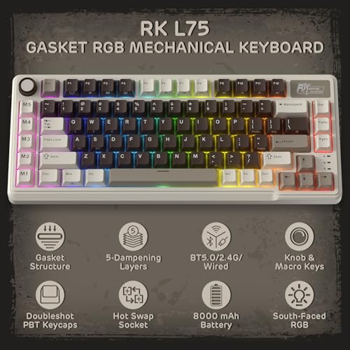RK ROYAL KLUDGE L75 Gasket Mount Mechanical Keyboard w/Knob/Macro Keys & Touchable Nameplate, Tri-Mode 75% TKL Wireless Keyboard BT/2.4G/USB-C, Hot Swappable, Pro Software, Massive 8000mAh Battery - color: Mocha Gray, size: Linear Cream Switch