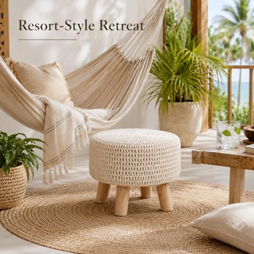 Wimarsbon Pouf Ottoman, 100% Cotton Knitted Boho Footstool, Round Footrest with Non-Skid Wood Legs, Home Décor Handmade Pouffe, Leisure Floor Step Stool for Living Room (Beige) - color: Beige