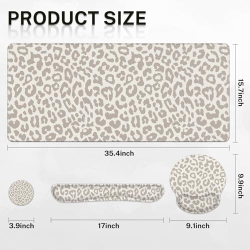 Arttown Leopard Light Khaki Desk Mat Animal Skin Mouse Pad Set 4 in 1 Ergonomic Design Large Desk Pad + Keyboard Wrist Rest + Mouse Wrist Rest + Coaster Suitable for Home Office Study Game - color: Light Khaki Leopard