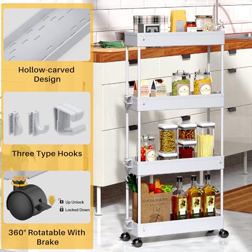 SPACEKEEPER Slim Rolling Storage Cart 4 Tier Bathroom Organizer Mobile Shelving Unit Storage Rolling Utility Cart Tower Rack for Kitchen Bathroom Laundry Narrow Places, Gray - color: Grey