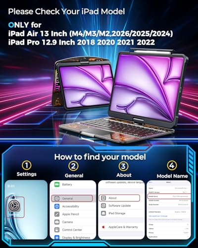 TSQQST Clear Wireless Keyboard Case for iPad Air 13 Inch (M4/M3/M2, 2026/2025/2024)/ iPad Pro 12.9" (6th/5th/4th/3rd Gen), 7-Color Backlit, Pencil Holder & Multi-Touch Trackpad, 360 Rotatable, Black - color: Clear+Black, size: Air13/Pro12.9