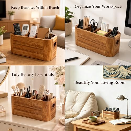 Acacia Wood Remote Control Holder, TV Remote Holder - 4 Compartment Remote Control Storage Organizer, Small Wooden Desktop Caddy for Coffee Table, Nightstand, Living Room, Office, Vanity