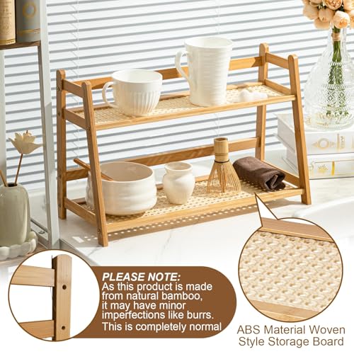 Yalikop 1 Pcs 2 Tier Matcha Station Shelf Bamboo Coffee Mug Stand Countertop Storage Rack, Double Layer Rattan Office Cup, Kitchen, Tea, Plant, Bar Accessories Condiment Display (Wood,17.7 Inch) - color: Wood Color, size: 17.7 inch