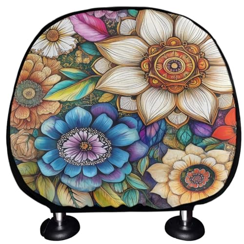 Blossom Floral Lotus Car Headrest Protectors for Women Flower Polyester Design Head Rest Cover Universal Fit Cars Interior Decor Universal Fits, Easy to Install - color: Blossom Floral Lotus