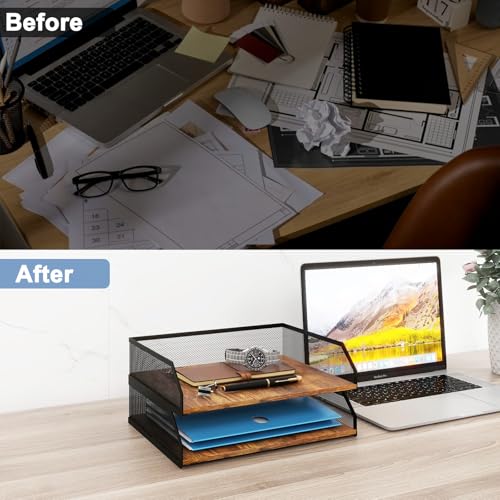 Natwind 2-Tier Stackable Metal Mesh Paper Tray Organizer,Retro | Wooden Desk Organizer, Letter Tray For Desktop,File Holder For Home Office School Classroom Organization - size: 12.6" x 9.8" x 5.9"
