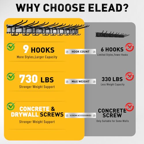 ELEAD 9-Pairs Heavy Duty Garage Tool Organizer Wall Mount Hooks, 48 Inches 730 lbs Garden Tool Organizer with Adjustable Hooks, Yard Tools Organizers for Garden, Yard, and Shed - color: Heavy Duty 48-Inch (9-Pairs)