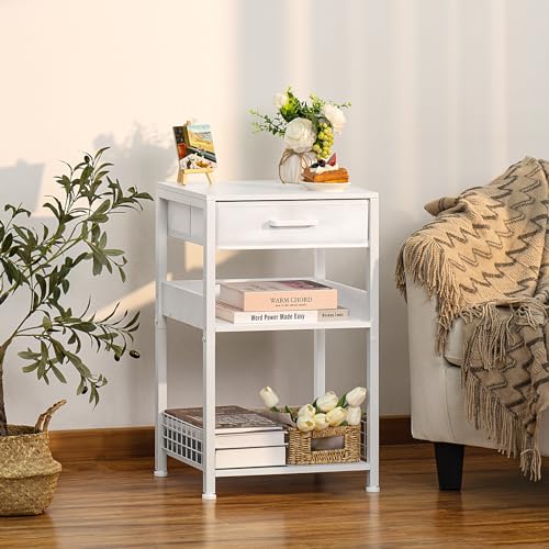 Lerliuo White Printer Stand with Fabric Drawer, 3 Tier Industrial Side Table, Modern Small Printer Desk Holder with Storage Shelf,Multi-Functional Bedside Tables for Home Office Fax Machine Scanner - color: White