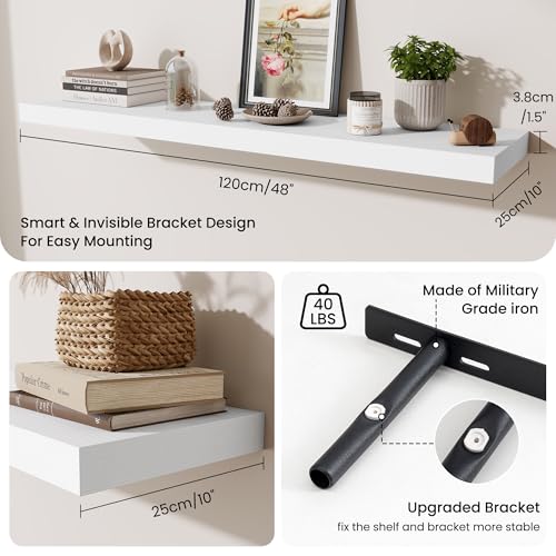 Fun Memories 48 Inch Floating Shelves for Wall - 10 Inch Deep Fireplace Mantel Shelf - Wood Floating Shelf for Wall - Large Storage Shelves Wall-Mount for Living Room & Bedroom - White - Set of 2 - color: Modern White, size: 48W x 10D x 1.5H