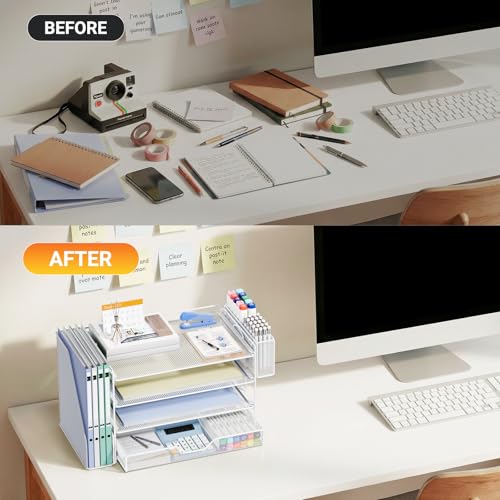 OPNICE 4-Tier Desk Organizer and Accessories, Desktop File Organizer with Drawer, Pen Holder and File Holder, Paper Letter Tray Organizer, Office Desk Accessories for Home Office Supplies, White - color: White - Metal Pen Holder, size: 4-tier