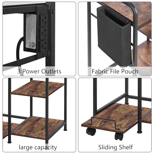Sedegn Large Printer Stand with 3 AC Outlets for Home Office Devices | Heavy-Duty Printer Table for Laser Printer, Side Paper Storage Bag, 3-Tier Organizer for Shredder, PC Tower & Supplies, Brown - color: Rustic Brown