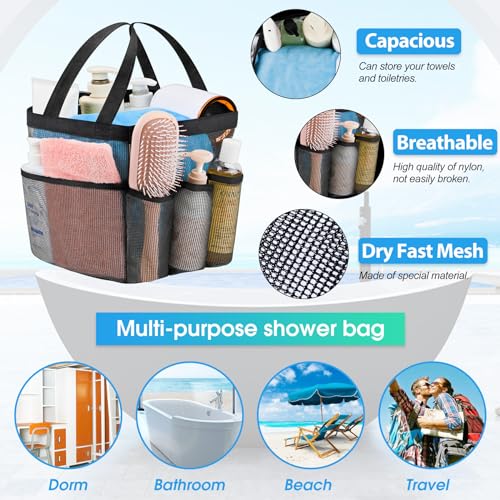 Attmu Mesh Shower Caddy Portable for College Dorm Room Camping Essentials, Shower Caddy Dorm with 9-Pockets, Large Capacity Hanging Basket Bathroom Bag for Toiletry, Swimming, Gym, Camp, Beach - color: Grey Black