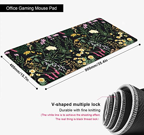 Botanical Colorful Flowers Gaming Desk Mat, Blooming Herb Floral Plants XXL Large Mouse Pad, Computer Mat for Desk, Accessory Decor Gift - 35.4 x 15.7 Inch, Vintage Flowers Black - color: Botanical Colorful Flowers