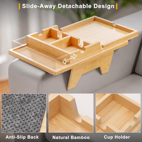 Bestjing Bamboo Couch Cup Holder Tray - 2 in 1 Couch Armrest Table with Be Slide-Away Detachable Double Holder - Sofa Armchair Caddy for Drinking Snacks iPad TV Remote - color: Bamboo, size: 13.8" x 9.5" x 2.4"